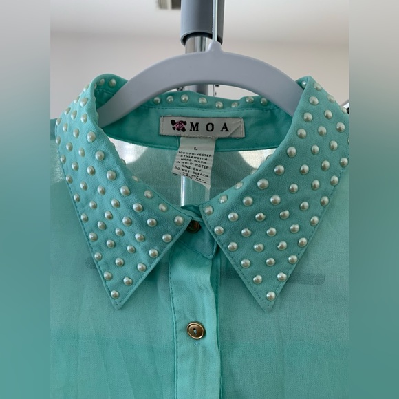 Sheer long sleeved button down blouse with pearl collar, aqua, large - Picture 2 of 3